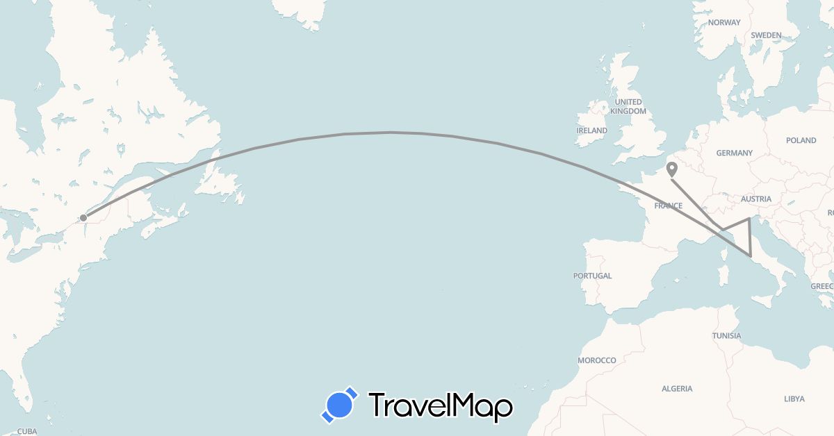 TravelMap itinerary: driving, plane in Canada, France, Italy (Europe, North America)